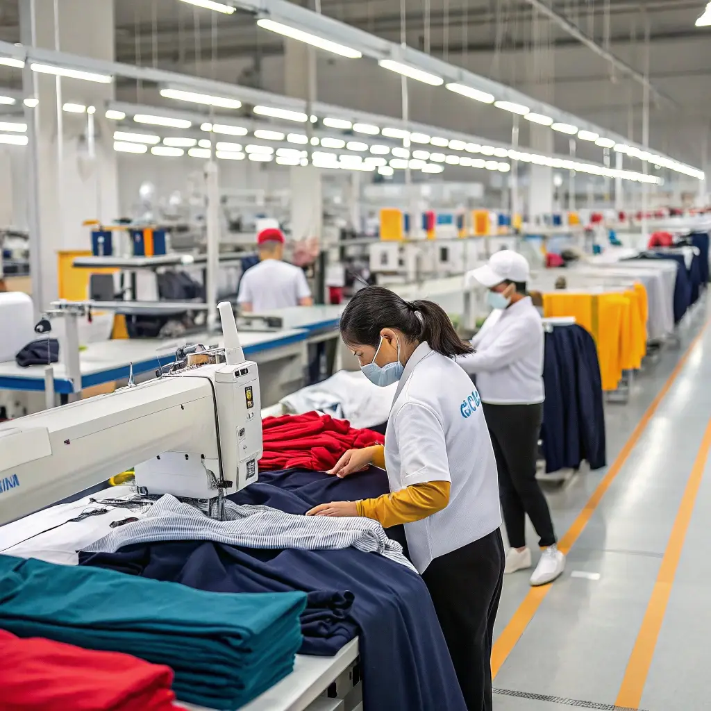Workers sewing and inspecting garments in a large clothing manufacturing factory