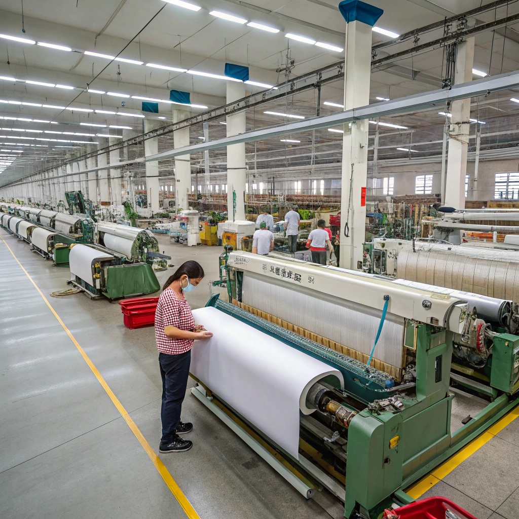 Textile manufacturing process in a large factory, weaving loom in action, workers involved