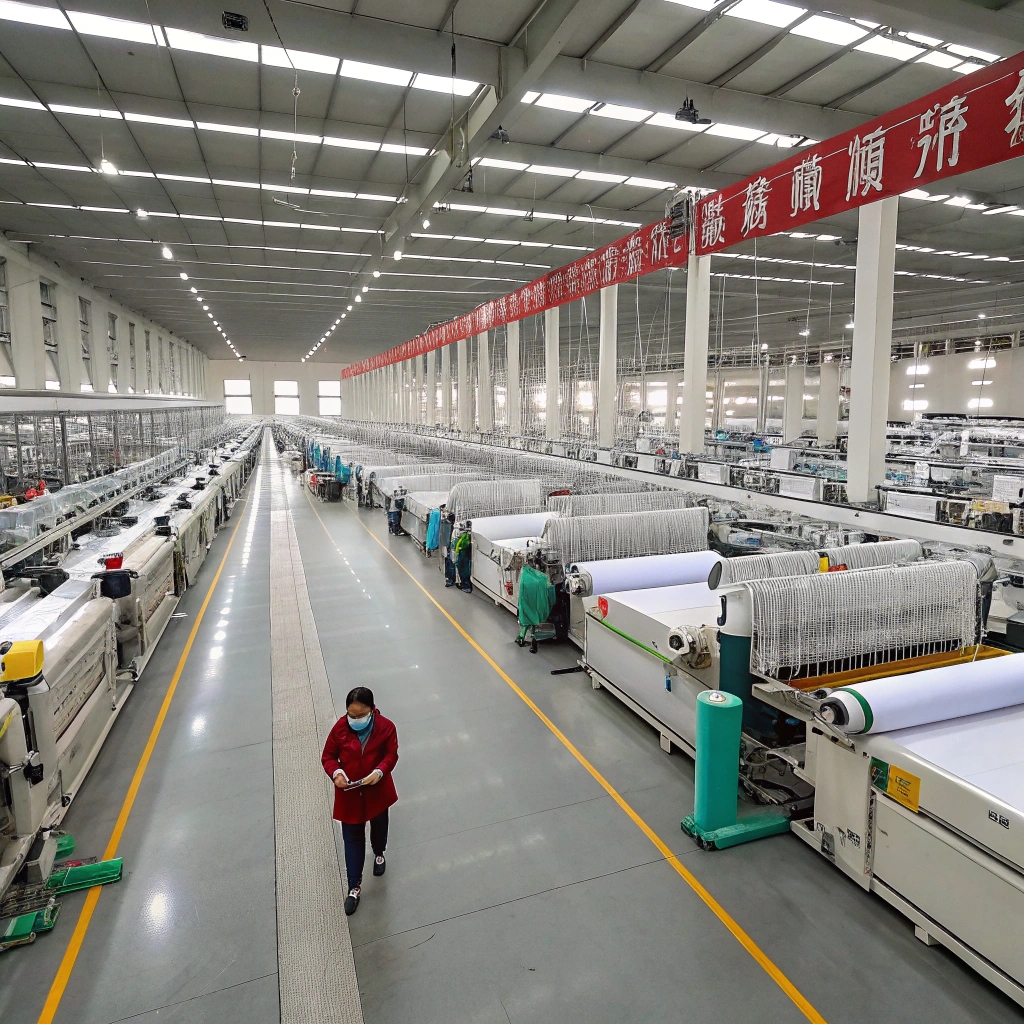 Large textile factory with modern weaving machines, clean and organized production line