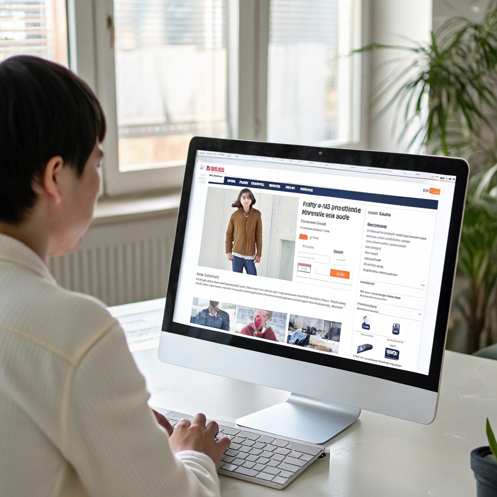 Person researching clothing manufacturers online, viewing product listings on a computer screen