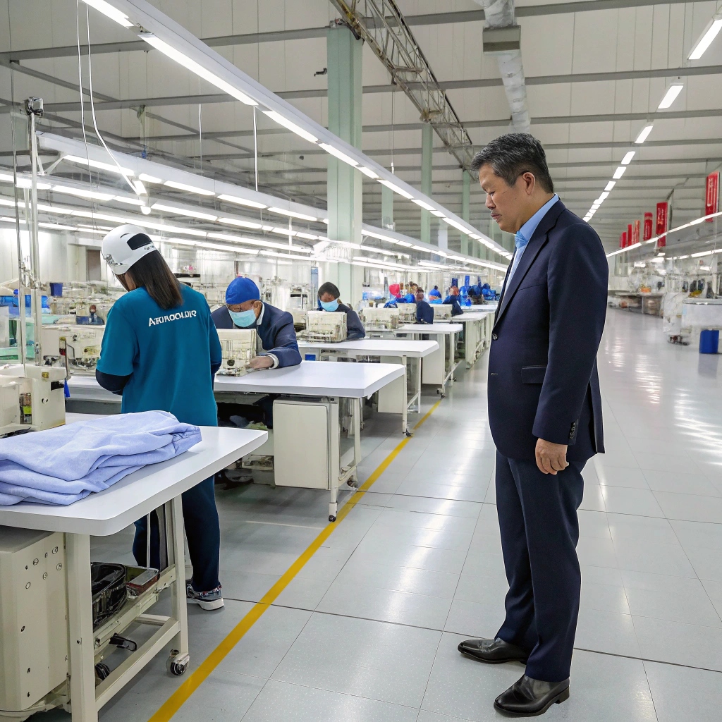 Businessperson inspecting clothing manufacturing facility, workers on production lines