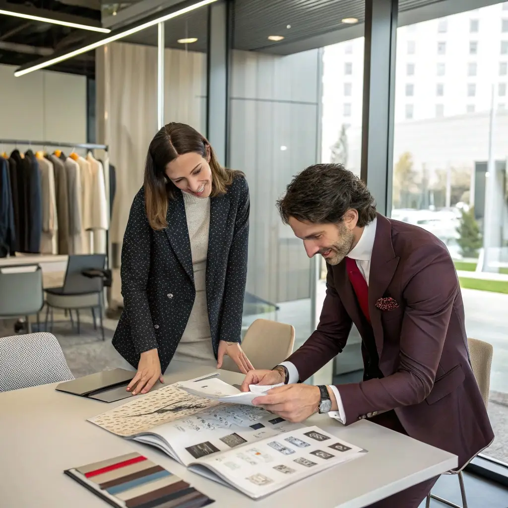 Fashion business meeting, clothing manufacturer collaboration
