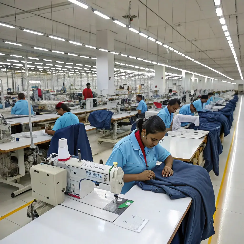 Clothing factory workers, garment production line