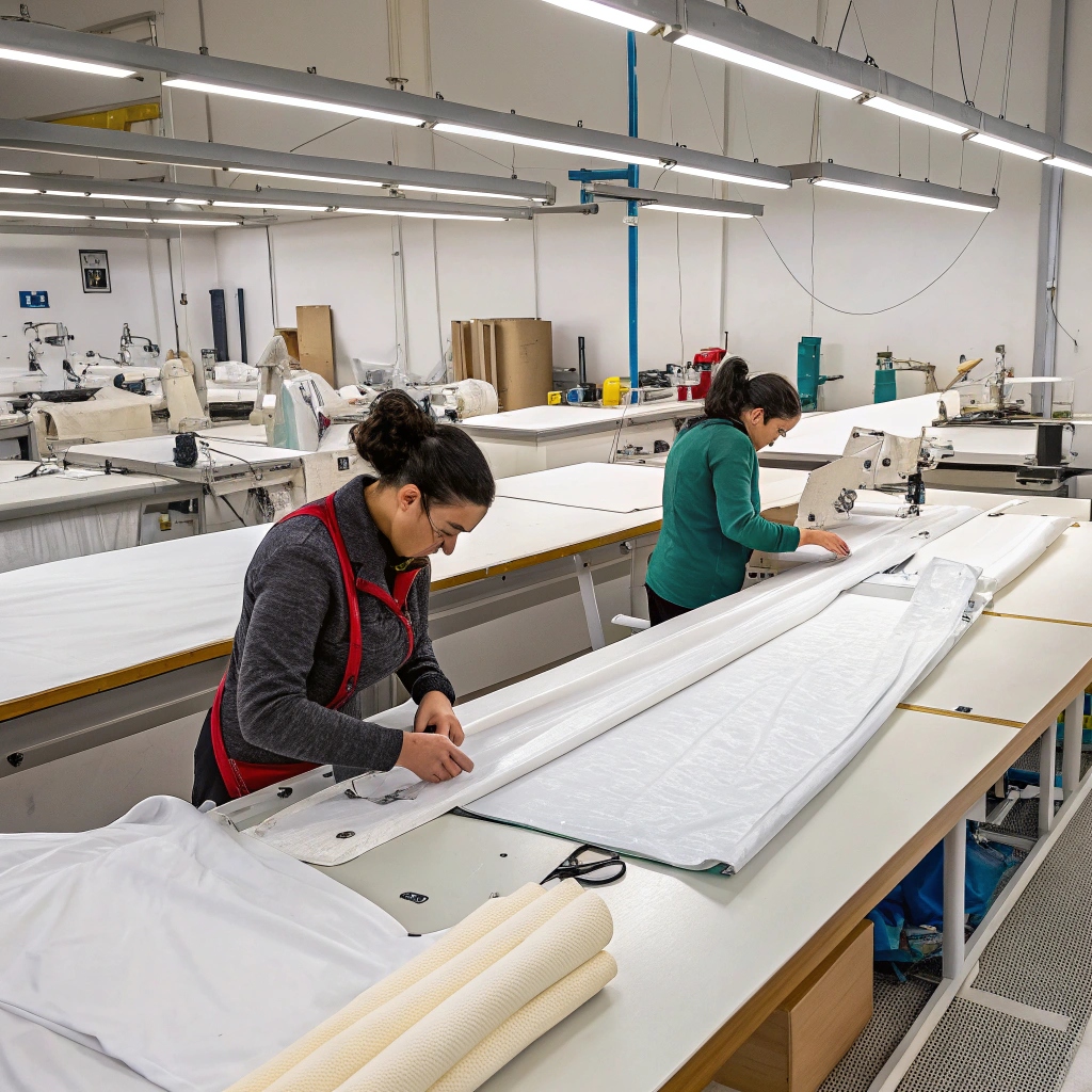 Garment workers cutting fabric, textile factory production process