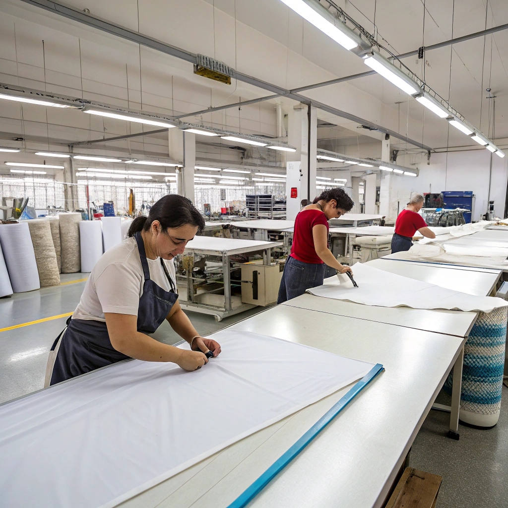 Workers cutting fabric in garment factory, clothing production process