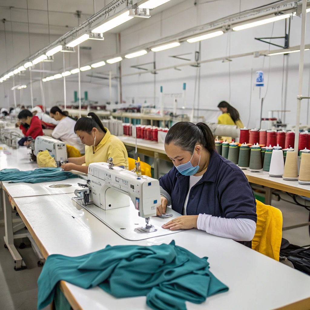 Sewing machine operators in garment factory, clothing production process