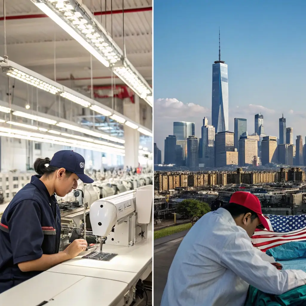 Factory worker sewing clothes in modern production line, showcasing garment production and cityscape of New York in background