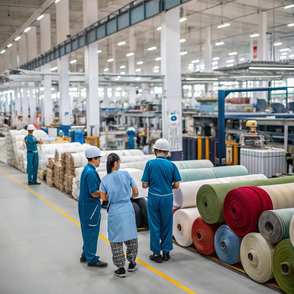 Workers inspecting fabric rolls in a spacious garment factory, showcasing raw material preparation for clothing production