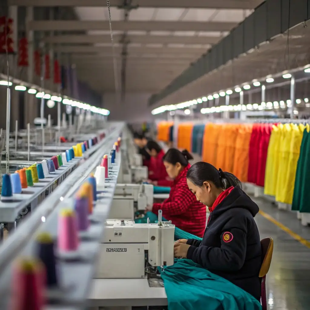 Tailors sewing garments in a modern production line with vibrant fabrics and threads, emphasizing high-quality craftsmanship