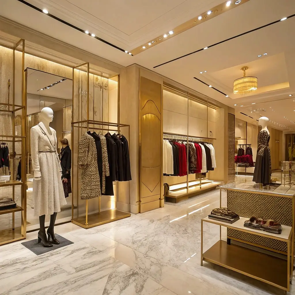 Luxury fashion boutique with elegant gold accents, stylish mannequins, and high-end clothing display.