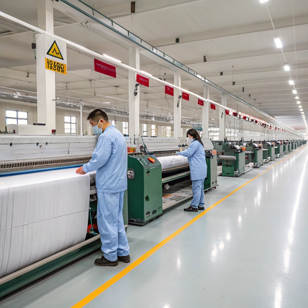 Workers in a modern textile factory inspecting fabric on automated weaving machines.