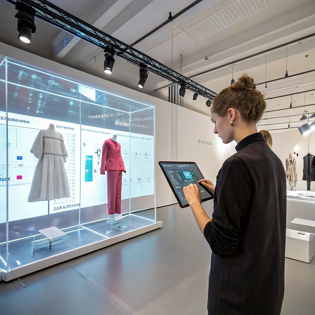 AI-powered fashion design, a woman using a tablet to customize digital clothing in a futuristic showroom