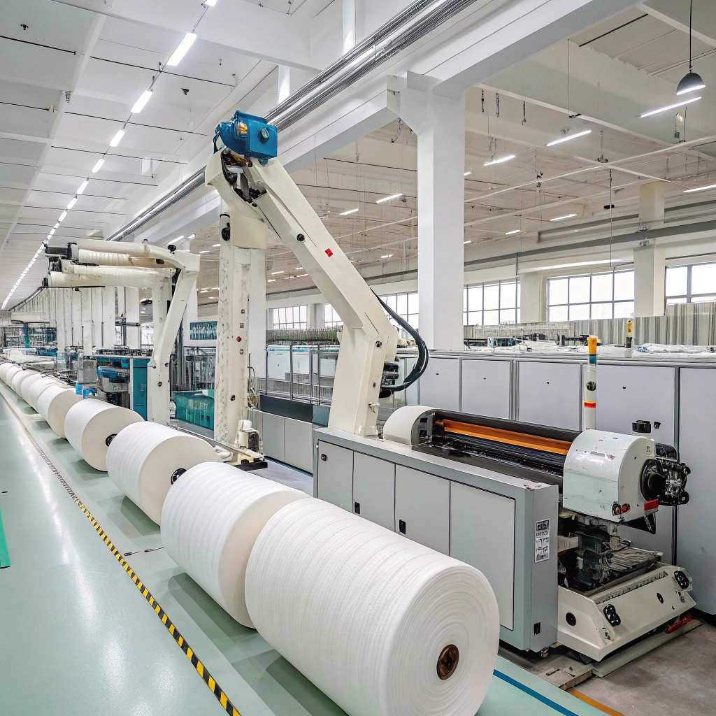 Automated textile production, robotic arms handling large fabric rolls in a high-tech factory