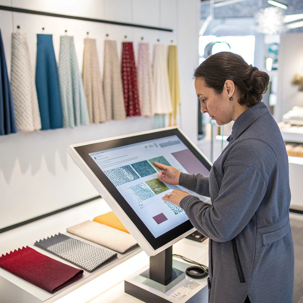 Digital fabric selection, a woman using a touchscreen to choose textile patterns in a modern showroom