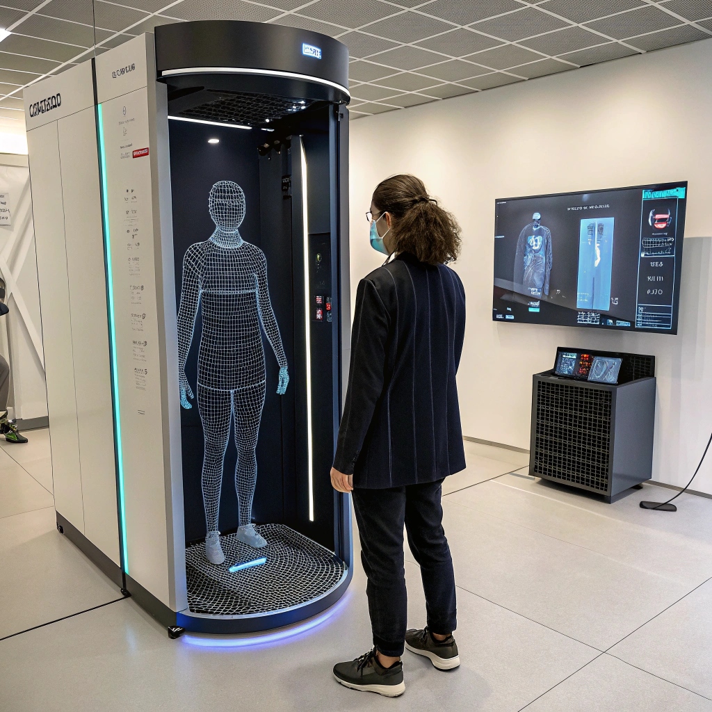 3D body scanning, a woman standing in a futuristic scanner for precise clothing measurements