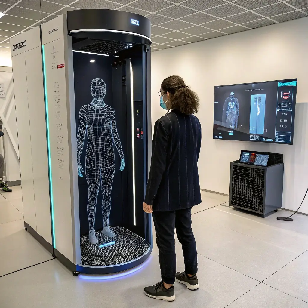 3D body scanning, a woman standing in a futuristic scanner for precise clothing measurements