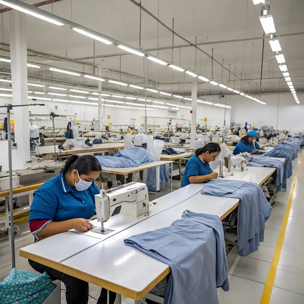 Garment factory with workers sewing, showcasing large-scale clothing production