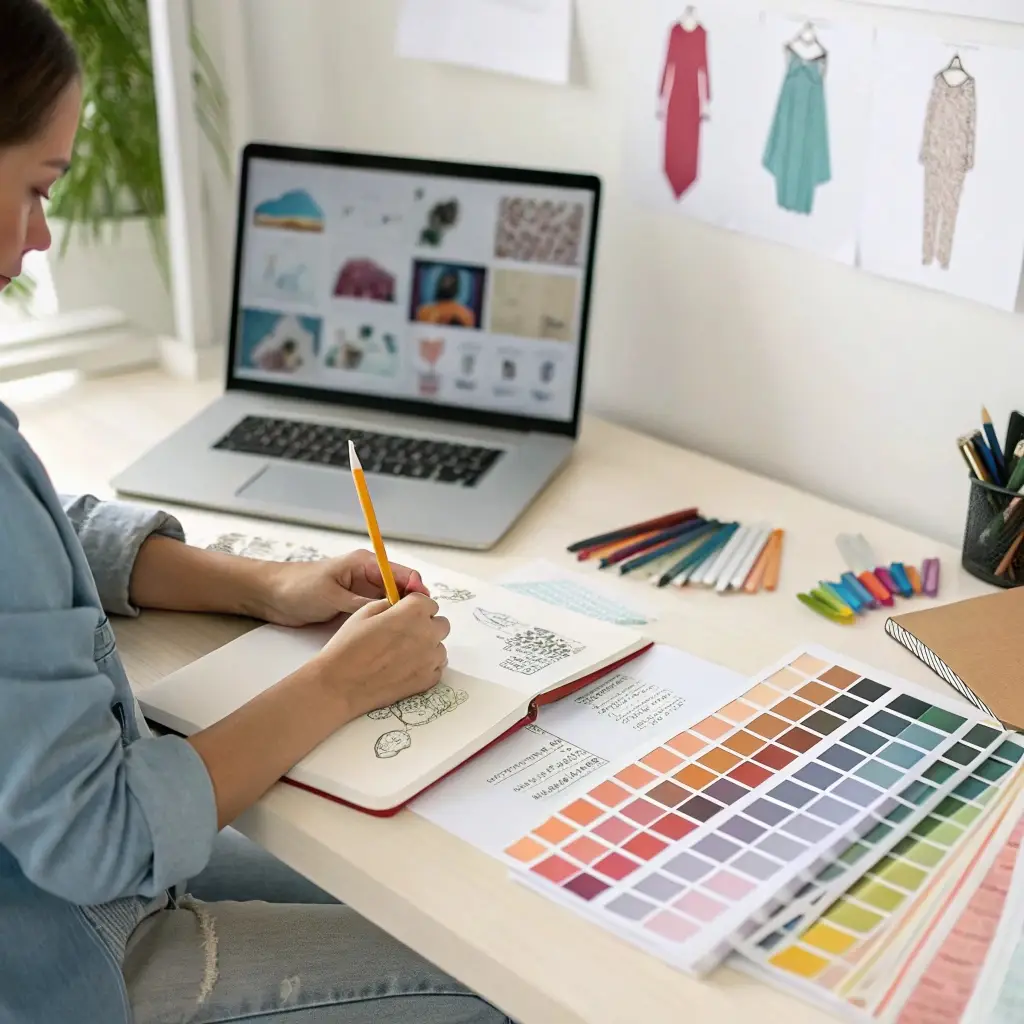 Fashion designer sketching clothing concepts with color palettes and inspiration boards