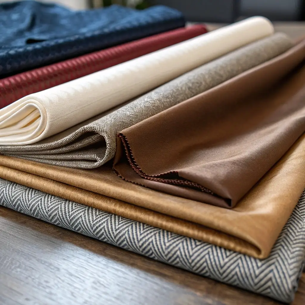 Luxury fabric selection, high-quality textile rolls in various colors and textures