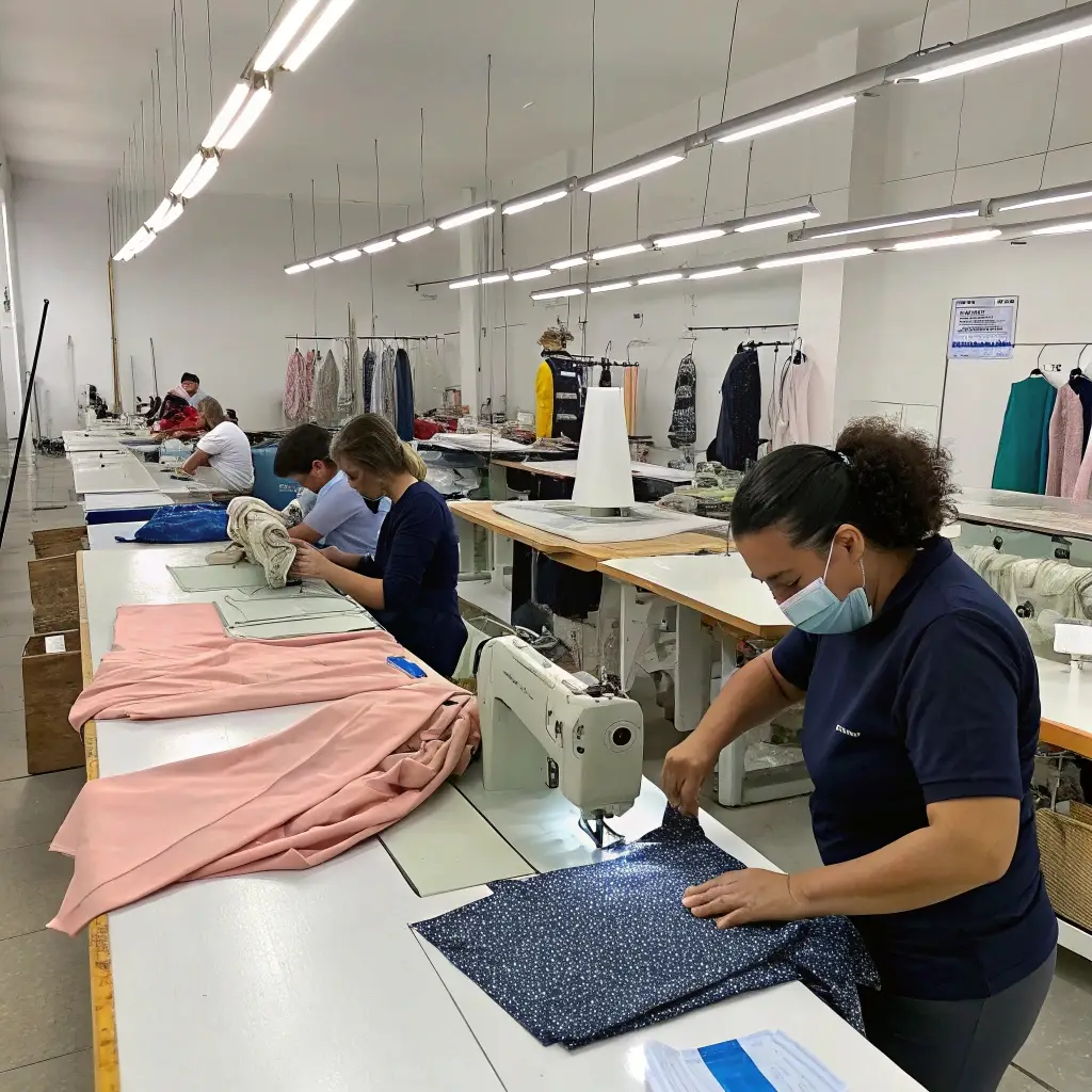 Clothing factory workers, sewing garments in a professional production facility