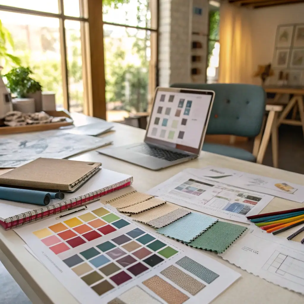 Fashion design workspace, color swatches and fabric samples on a creative desk