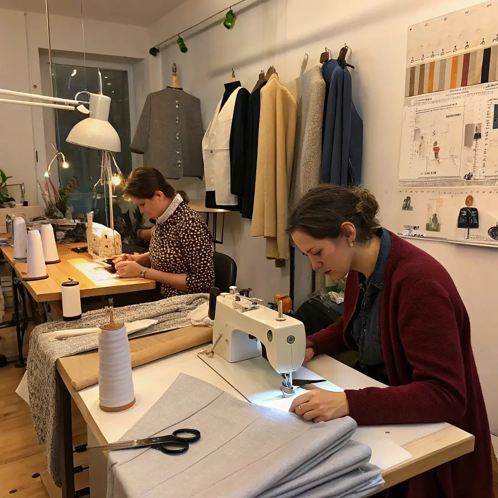 Small-scale clothing workshop, designers sewing garments in a cozy studio