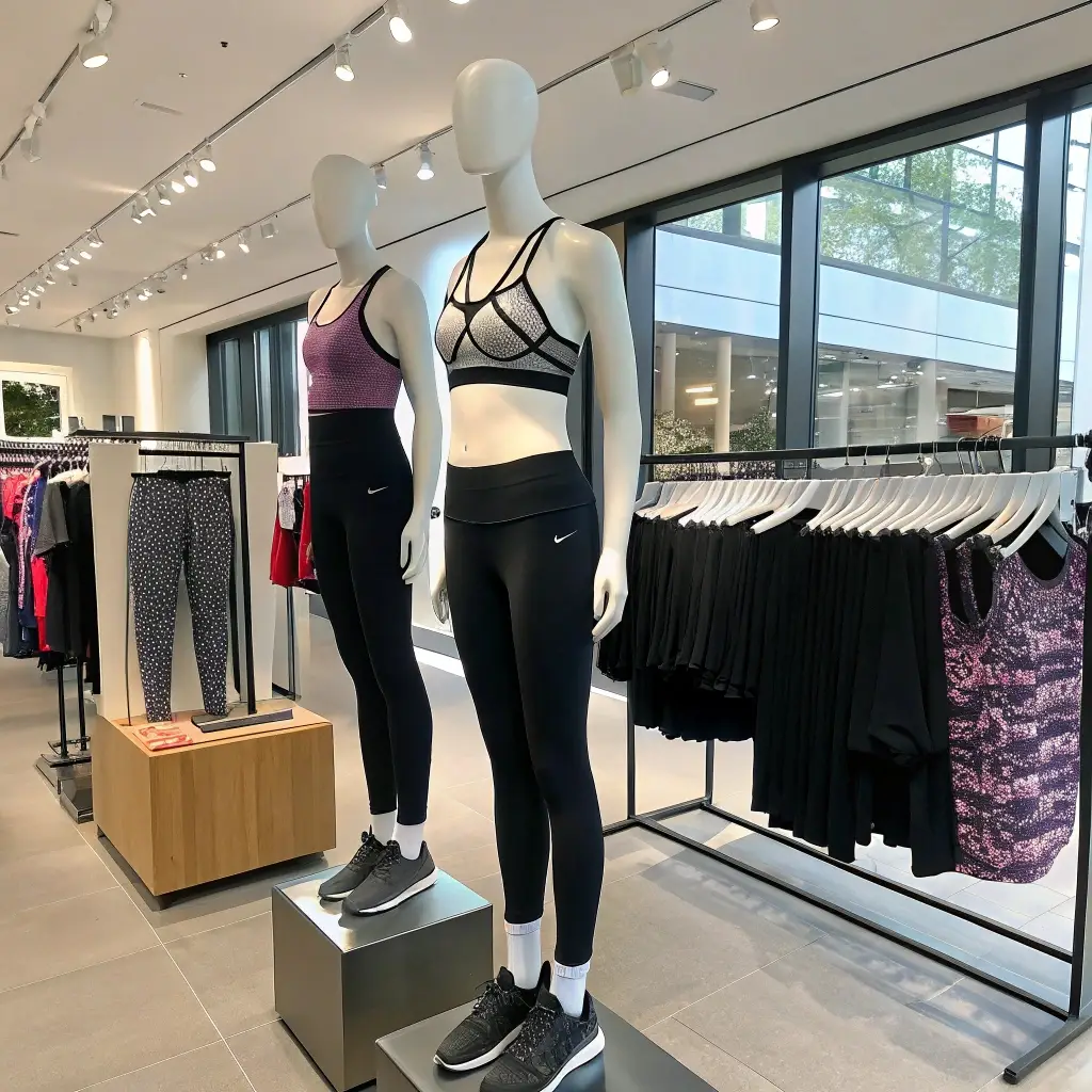 Activewear store display, modern sportswear boutique with mannequins dressed in athletic leggings and sports bras