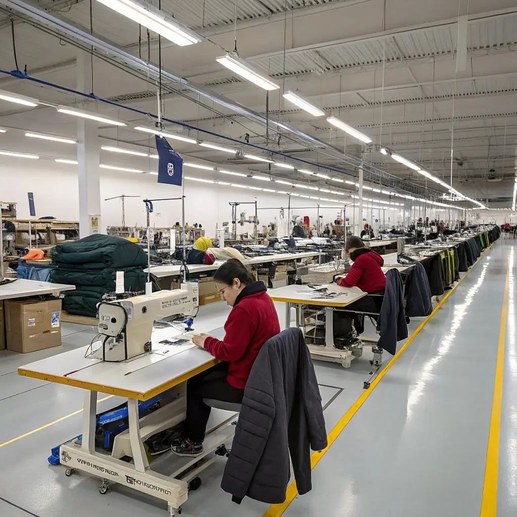 Modern clothing factory, workers sewing garments in a large, well-lit production facility