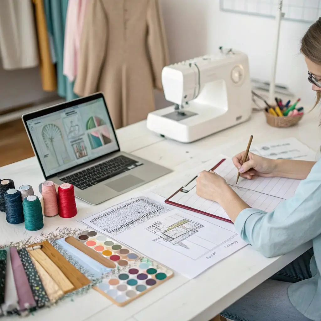 Fashion designer workspace, creative clothing brand startup with sketches, sewing machine, and fabric samples