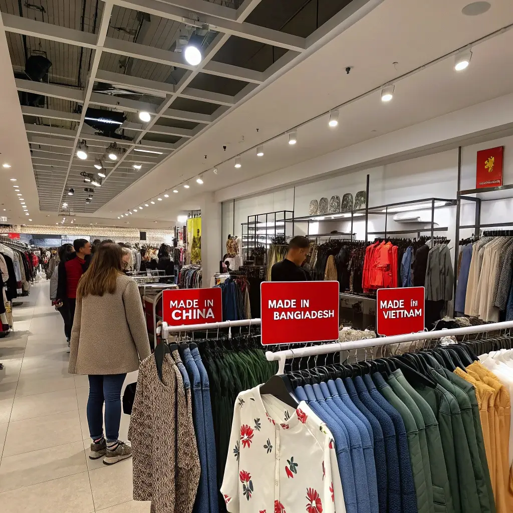 Clothing store with imported apparel, racks labeled Made in China, Bangladesh, and Vietnam