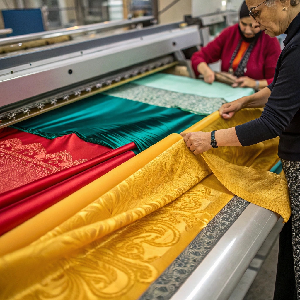 Luxury textile production, vibrant silk fabrics being inspected in a Turkish factory