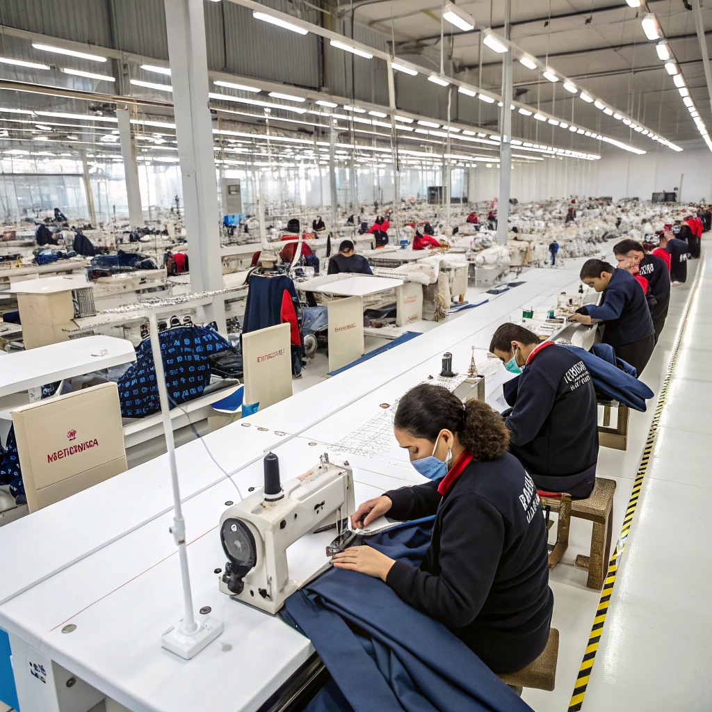 Modern garment factory, skilled workers sewing clothing in a large textile facility