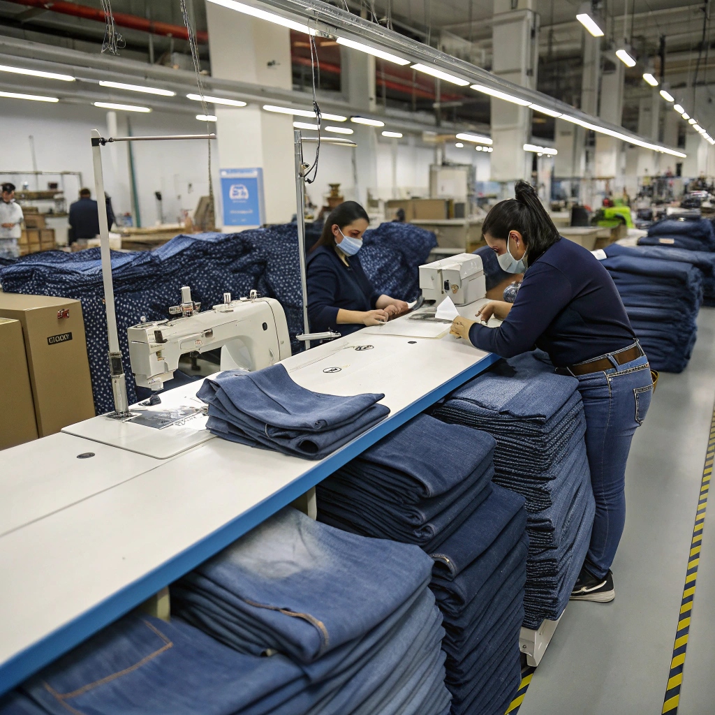 Denim manufacturing, workers sewing jeans in a textile factory with stacks of fabric