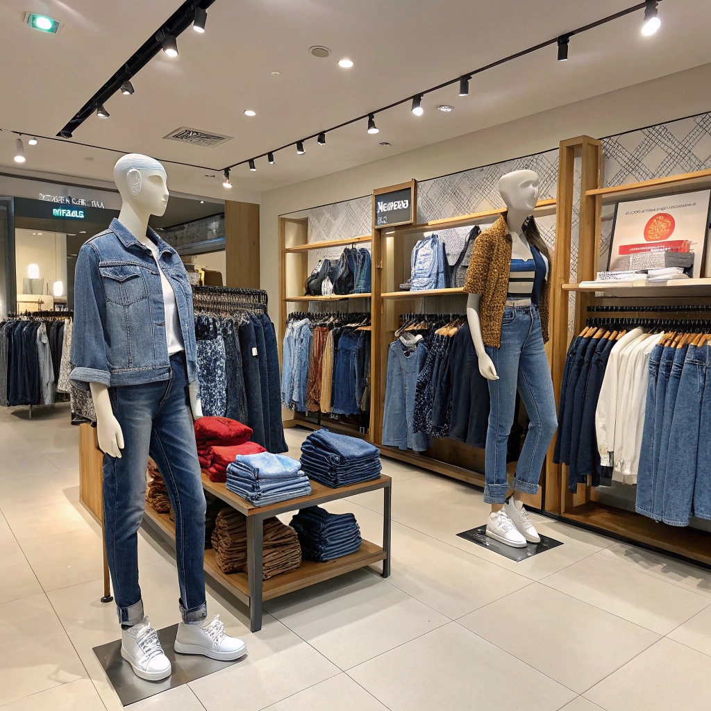 Fashion retail store, mannequins wearing denim outfits in a stylish clothing shop