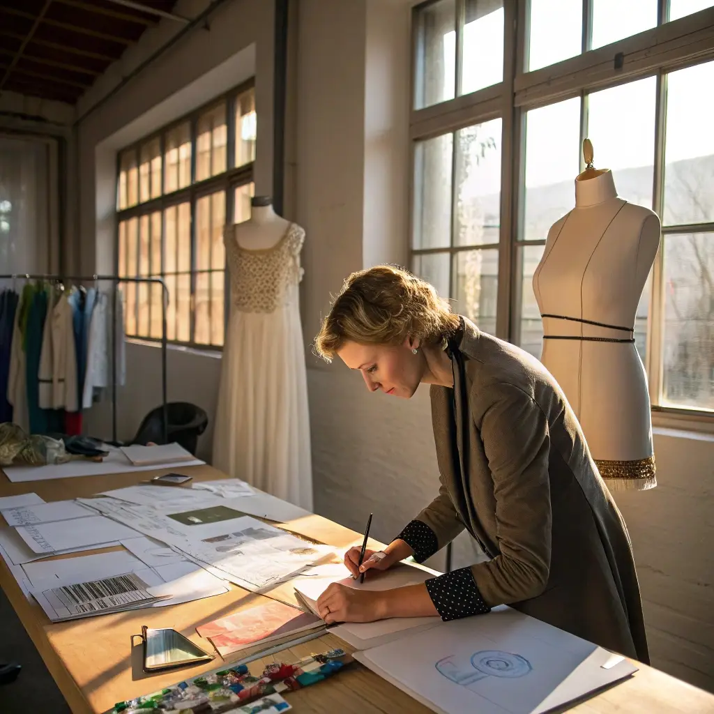 Fashion designer sketching new collection, working in a creative studio with fabric samples and mannequins