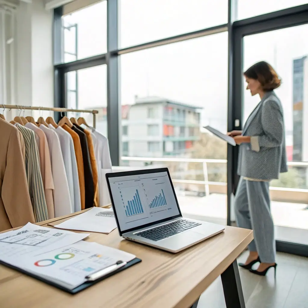 Successful clothing business, office with sales reports, laptop showing profit growth, and stylish garments on a rack