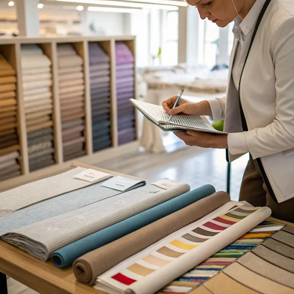 Fashion entrepreneur selecting fabric samples, reviewing material costs in a textile shop
