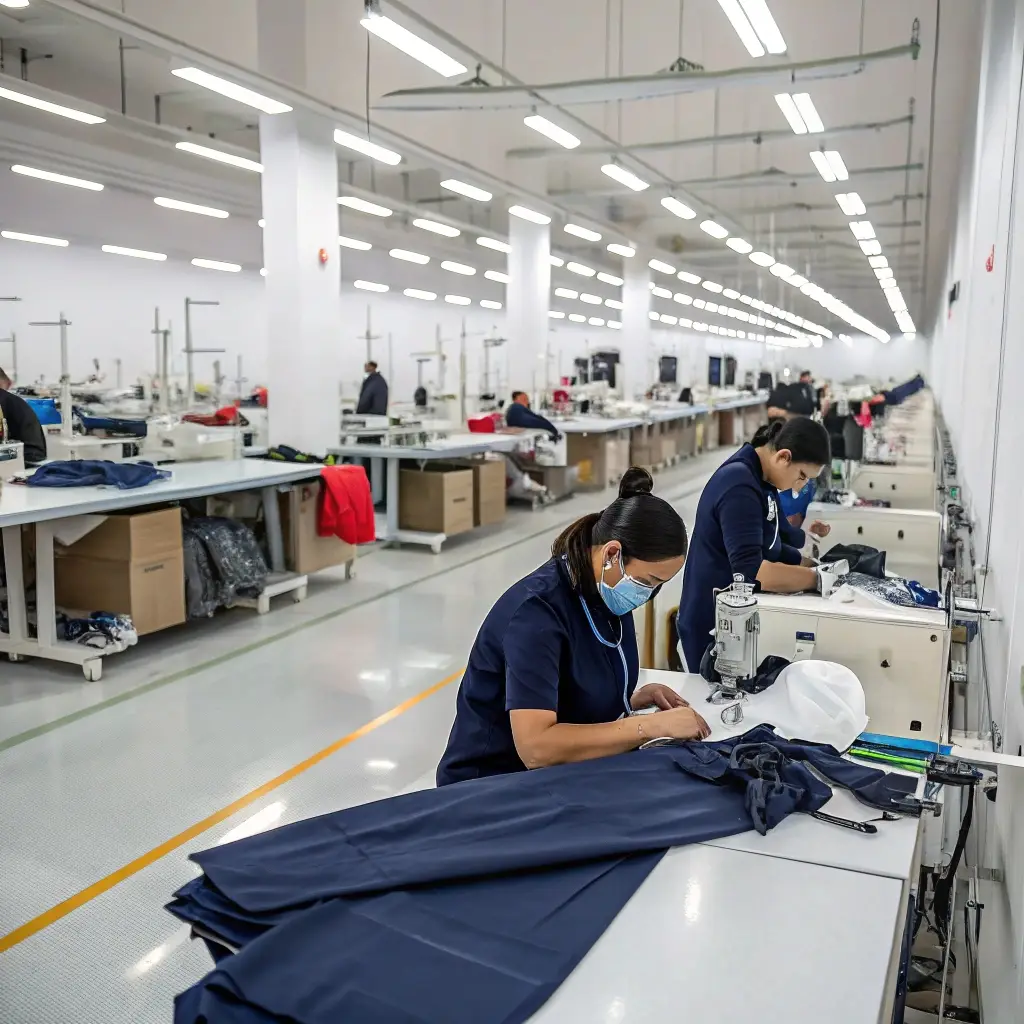 Clothing production factory, workers sewing garments on industrial machines in a large facility