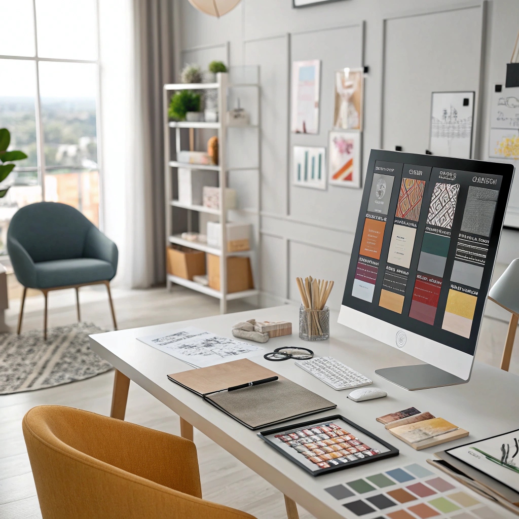 Fashion design workspace, a modern office with fabric swatches and digital color palettes