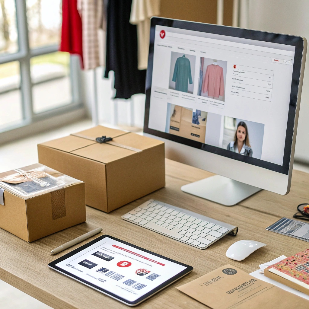 E-commerce clothing business, a desk with shipping boxes and an online store on a computer screen