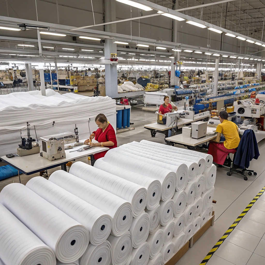 Clothing factory production, workers sewing garments with fabric rolls in the foreground