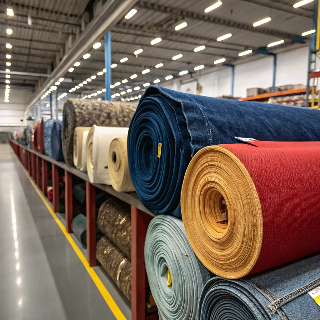 Textile warehouse, fabric rolls in various colors and materials lined up on shelves