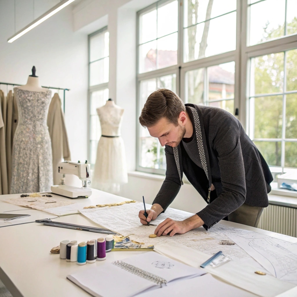 Fashion designer drafting patterns, professional tailoring tools on the table