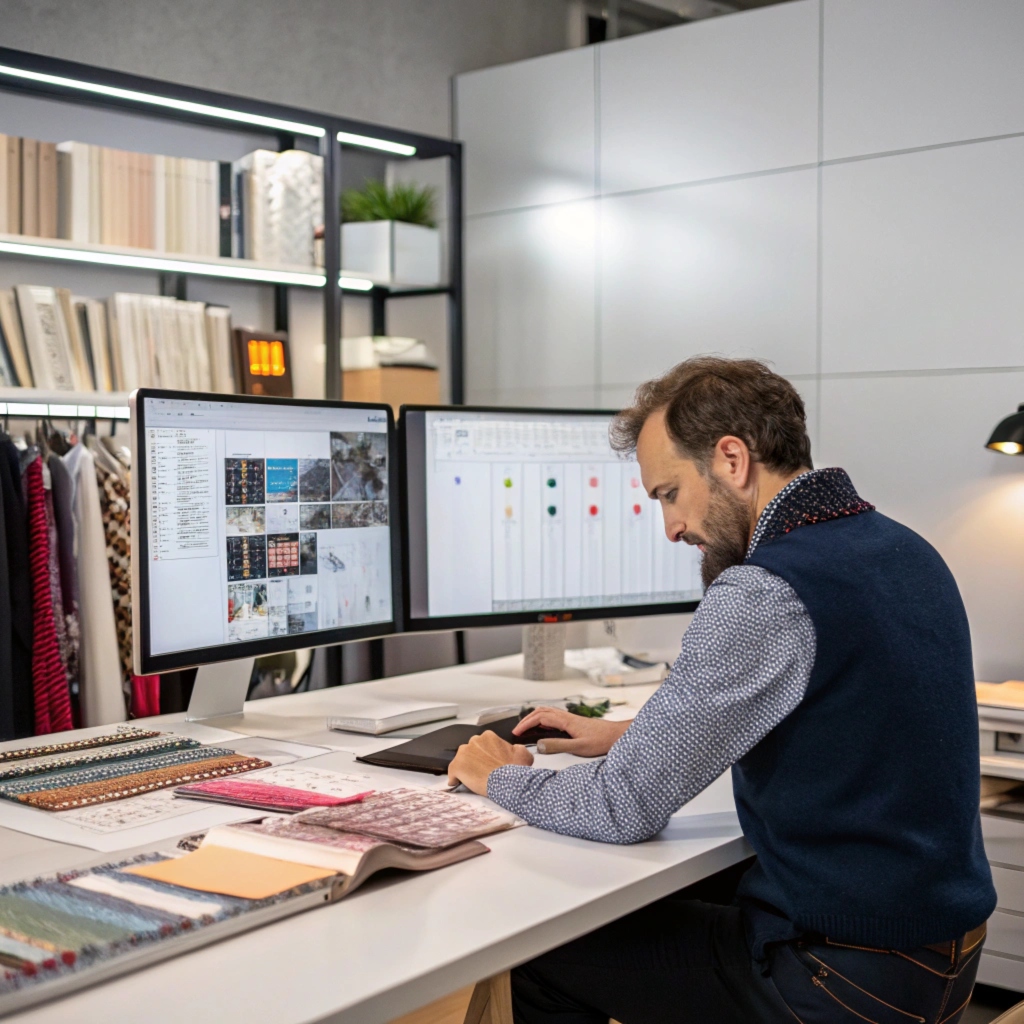 Fashion designer working on fabric samples, dual monitor setup for detailed analysis