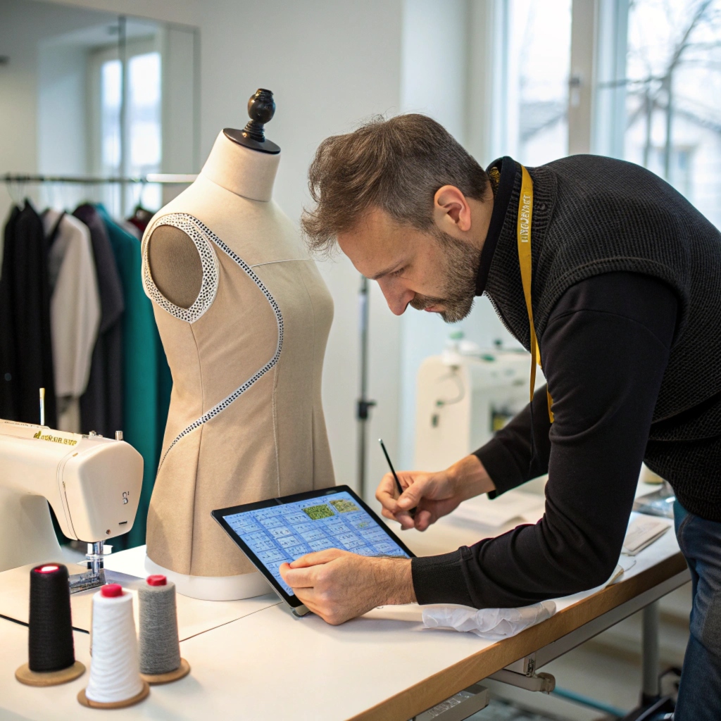 Designer using tablet to finalize dress patterns with mannequin and sewing tools