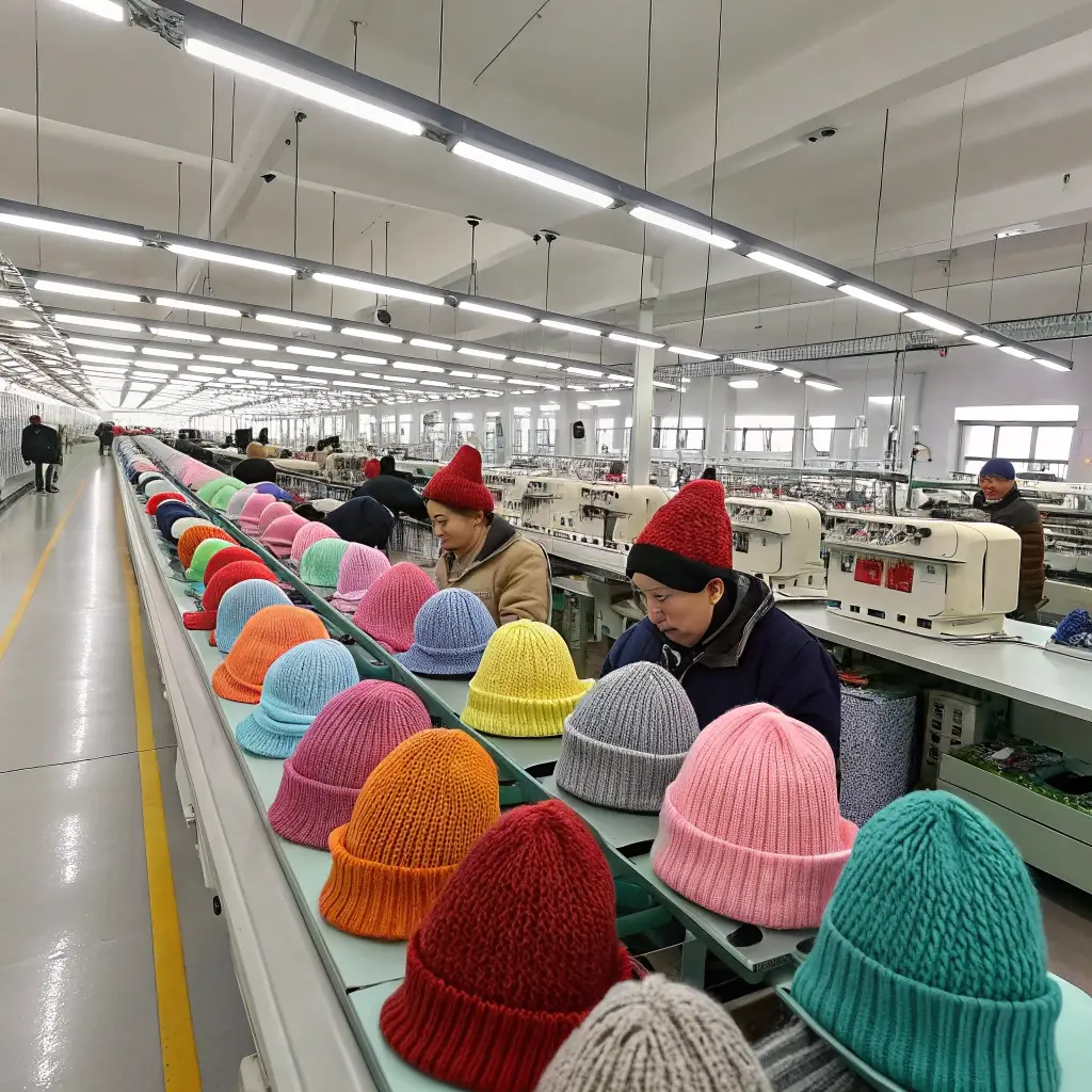 Modern beanie hat factory, workers assembling colorful knit hats