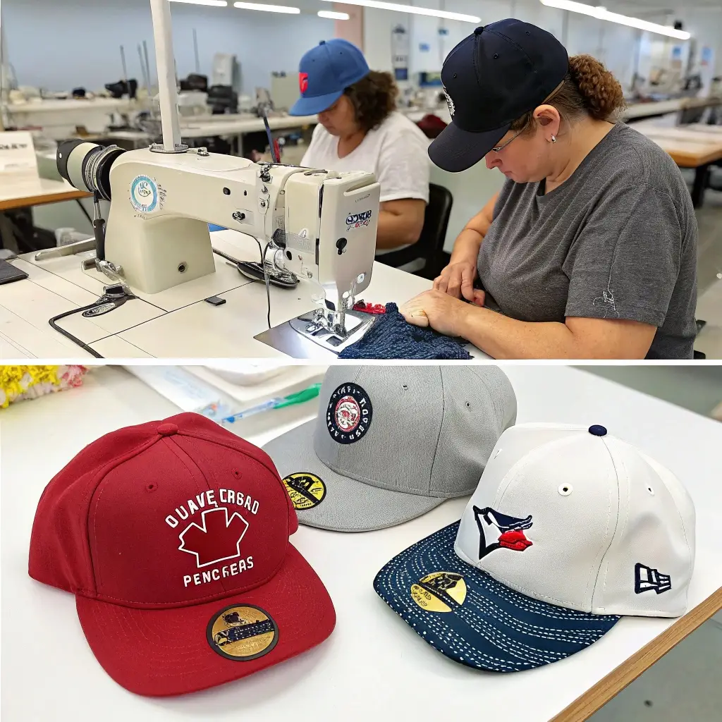 Hat manufacturing process, workers stitching and embroidered caps