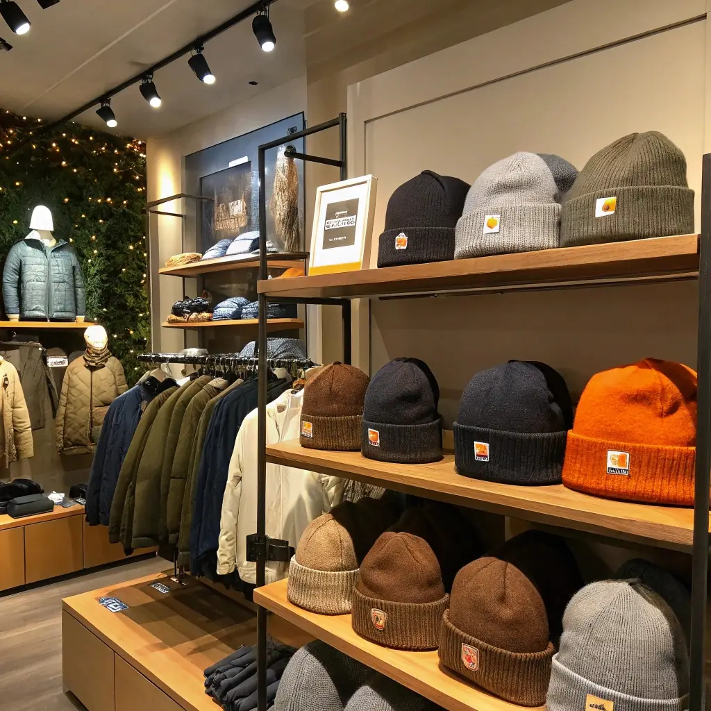 Premium beanie display, high-quality winter hats in retail store
