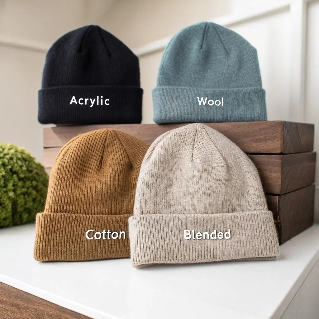 Different beanie materials, including acrylic, wool, cotton, and blended fabrics