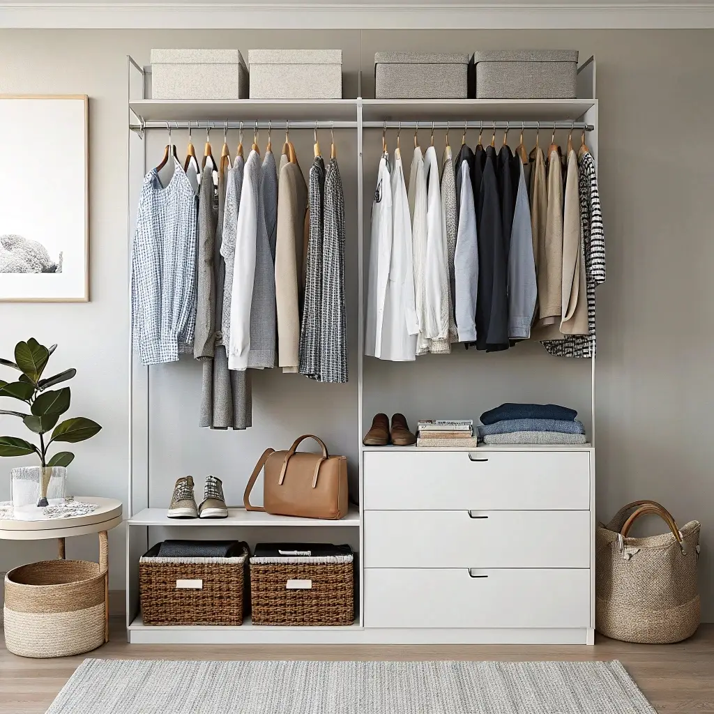 Minimalist wardrobe with neatly arranged clothes, showcasing a tag-free fashion aesthetic.